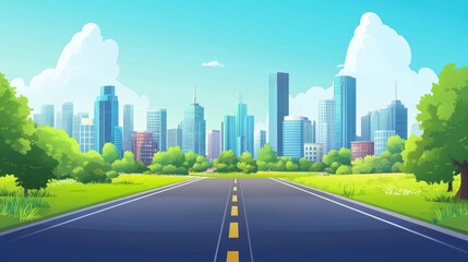 Fototapeta premium early morning landscape with skyscraper buildings under pink sky with crescent. Urban cityscape perspective view with green field, modern town, Cartoon vector illustration