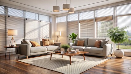 Fototapeta premium Spacious living room with cellular shades drawn, sunlight softly highlighting modern decor , spacious