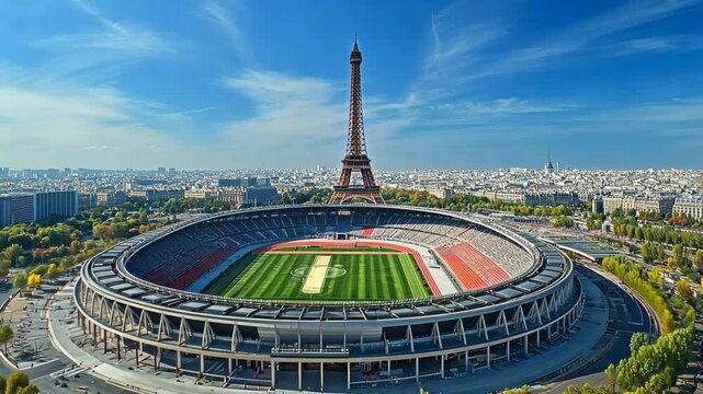 The Eiffel Tower stands tall over the Stade de France in Paris, France, on a clear day