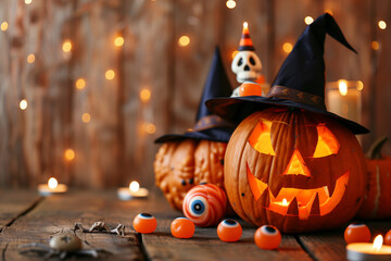 Obraz premium halloween background. Candle lit carwed pumpkin with with hat and oder decor. Children trick or treat theme. High quality photo