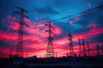 A group of power lines with a beautiful sunset in the background, suitable for use in scenes related to infrastructure or natural scenery