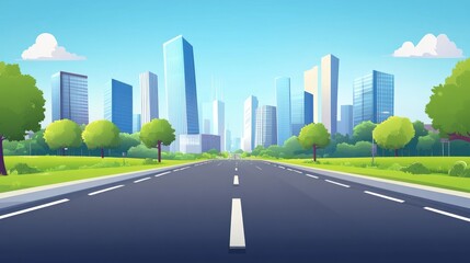 Fototapeta premium modern city, urban skyline with sun rising above skyscraper buildings, view from bridge. Morning metropolis cityscape with road and houses, town architecture, Cartoon vector illustration