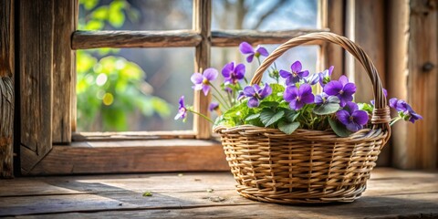 Wicker basket with violets on a rustic windowsill , violets, flowers, window, sill, basket, wicker,...