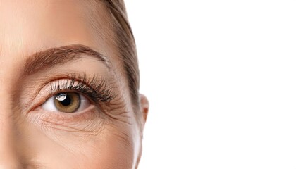 Crows feet, a name for wrinkles in the outer corner of the eyes resulting from aging, also known as lateral canthal lines, are fine lines that form on the outer corners of your eyes. Isolated on white