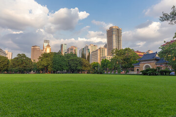 Lawn with city building landscape