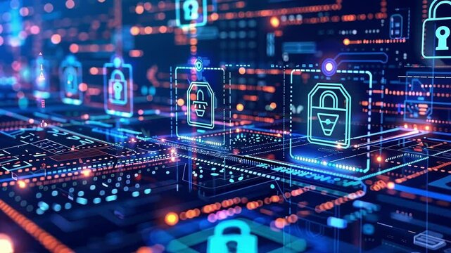 Glowing digital padlocks hovering over a circuit board represent the concept of cybersecurity and data protection in the digital age