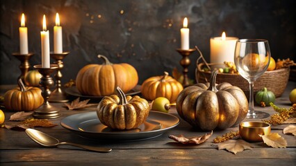 Elegant autumn table setting with golden pumpkins, candles, and dark tableware, Autumn, table setting
