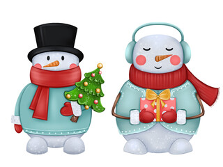 Two snowmen with Christmas attributes, a New Year Snowman with a Christmas Tree, Hand Drawn Set for Holiday Decor