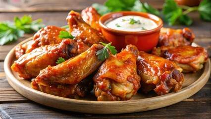 Close-up of a delicious chicken wing with sauce , food, appetizer, spicy, tasty, barbeque, grilled, crispy, savory, poultry, meal