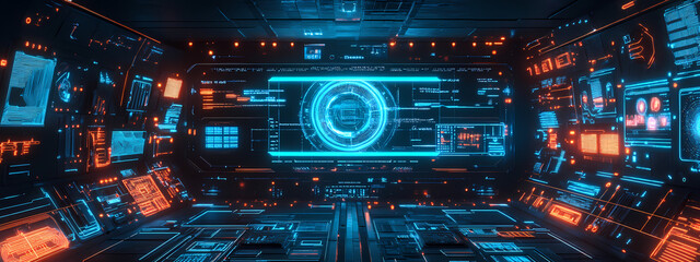 Futuristic AI System Interface with Neon Schematics