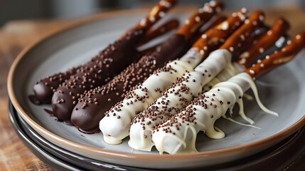 Chocolate dipped pretzel rods with dark and white chocolate on a plate