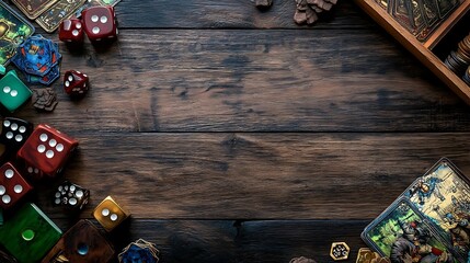 Tabletop RPG Game Dice and Cards on Wooden Background