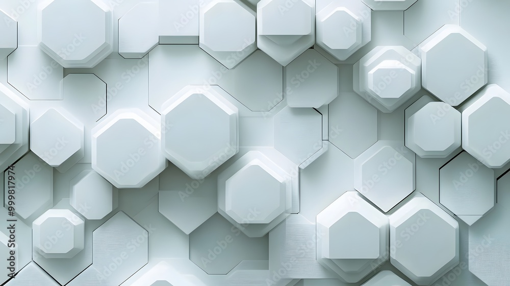 Wall mural abstract white and gray geometric hexagon overlapping layer with shadow background.