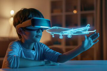 Immersed in a virtual learning experience at home, a child explores the science of flight through a VR headset, visualizing an airplane with augmented reality technology.