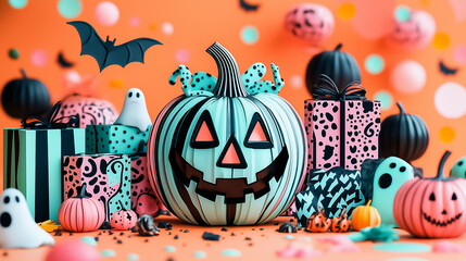 The vibrant Halloween background showcases playful pumpkins, spooky ghosts, and decorative gifts, creating a lively atmosphere for festive promotions and celebrations