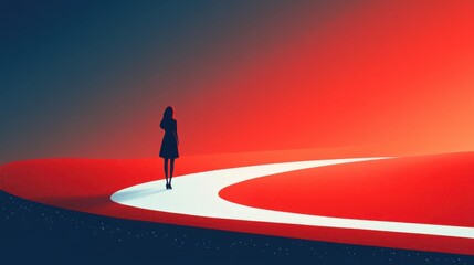 Woman Silhouette on a Curved Path Towards a Red Horizon