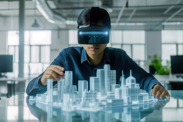 An architect uses a VR headset to design a detailed urban cityscape, demonstrating cutting-edge technology in architecture and urban planning.