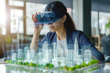A female architect uses a VR headset to design an urban landscape model, demonstrating advanced technology in modern city planning.