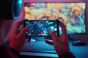 Close-up of a gamer playing a cyberpunk-themed mobile game in a neon-lit room, with a desktop setup in the background. Mobile gaming