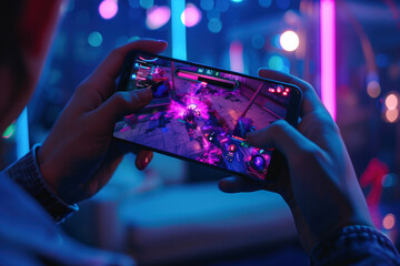 Close-up of a gamer playing an action-packed mobile RPG game on his smartphone in a vibrant, neon-lit environment, showcasing immersive gameplay. Mobile gaming, Esports