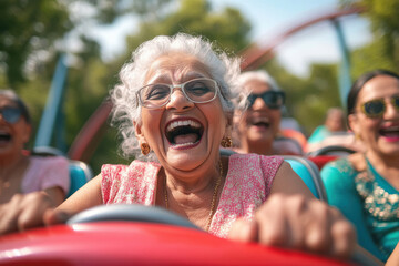 elderly Indian women having fun on a roller coaster