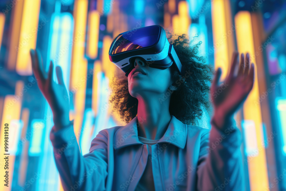 Wall mural a young woman explores augmented reality using a vr headset, hands raised in a futuristic neon space