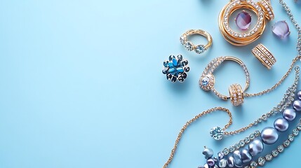 Elegant Gold Jewelry with Blue and Purple Gemstones on Light Blue Background