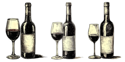 set of vintage wine bottle with glass engraved illustration isolated on transparent background