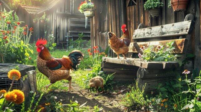 Chickens and a rooster walking in the backyard of a farmhouse. 