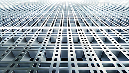 Naklejka premium Abstract close-up of a metallic grid pattern, featuring small squares and a sleek, modern design that creates a sense of depth and perspective.
