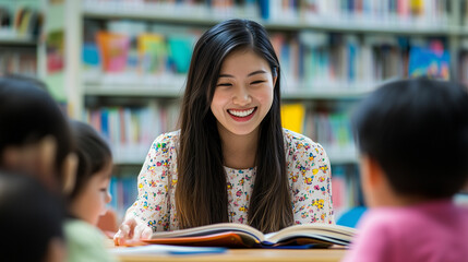 A smiling young Asian woman reads an engaging storybook to excited children in a colorful library setting during a joyful reading session
