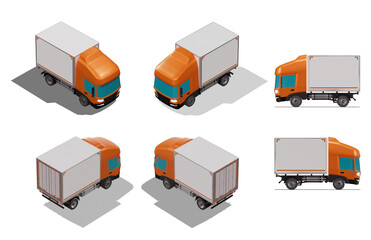 3D Isometric Cargo Truck Photoreal Vector Illustration Modern Orange Cabine and White Van City Delivery Vehicle 4x2 Design for Logistics and Transport Presentation Social Media Video Promo Collection