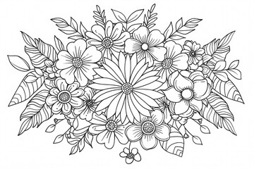 Intricate floral illustration featuring a variety of blooms and lush leaves, perfect for coloring enthusiasts and nature lovers.