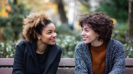 Fototapeta premium Two smiling women having a heartfelt conversation on a park bench