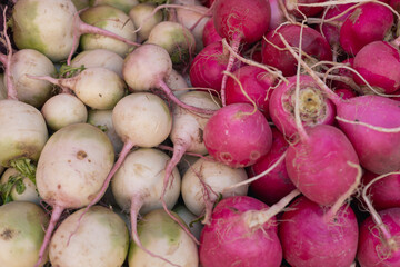 Freshly harvested radishes in a colorful display at a local market in the early morning