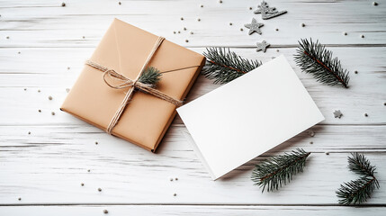 Christmas background. Gift, tree, on wooden background with copyspace, greeting card