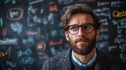 Thoughtful Man with Beard and Glasses Pondering in Front of a Blackboard