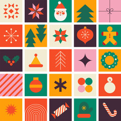 Advent Calendar, Merry Christmas poster, printable template with Xmas elements in modern minimalist style. Vector illustration and concept design.Holiday season, Trendy, contemporary abstract design. 