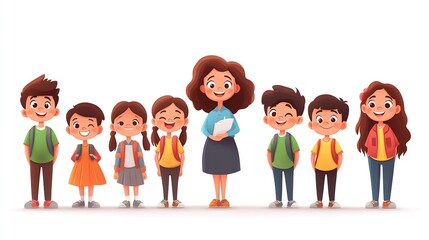 Fototapeta premium Adorable cartoon boy and girl students with a female teacher, all smiling and isolated on a white background, School Children and Teacher, Fun and learning atmosphere