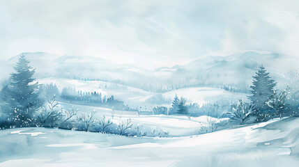 Serene watercolor illustration of snowy landscape with soft pastel colors and rolling hills
