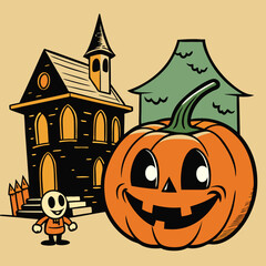 Horror pumpkin and haunted house illustration vintage vector 