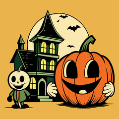 Horror pumpkin and haunted house illustration vintage vector 