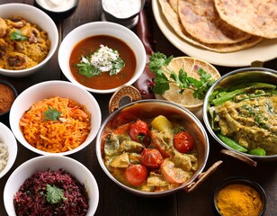 Indian festive vegan and vegetarian thali- spread of small dishes. Beautiful exotic setting, glamorous servingware
