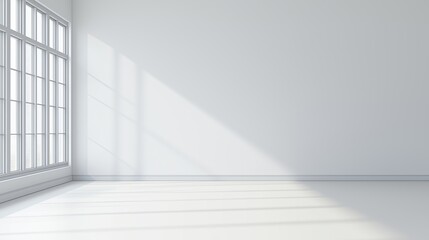 Fototapeta premium Plant against a white wall mockup. White wall mockup with brown curtain, plant and wood floor. 3D illustration.