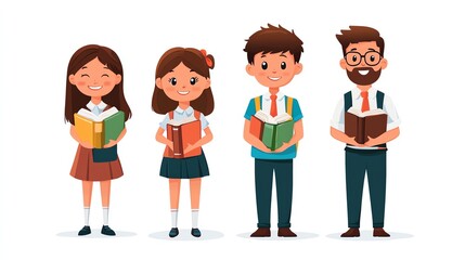 Flat design of a cute boy and girl student with books, alongside a male and female teacher, all on a white background, School Children and Teachers, Educational theme
