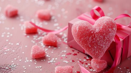Fototapeta premium concept of valentines day is a heart shaped sugar candy with a gift box gift and congratulations on valentines day