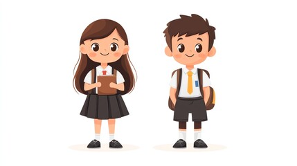 Fototapeta premium Flat illustration of cute boy and girl students in school uniforms, standing together on a white background, Cute School Kids, Adorable school theme