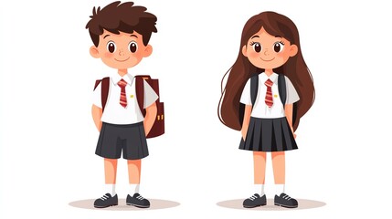 Fototapeta premium Flat illustration of cute boy and girl students in school uniforms, standing together on a white background, Cute School Kids, Adorable school theme