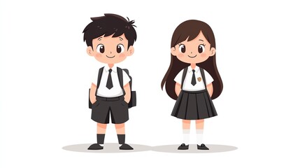 Flat illustration of cute boy and girl students in school uniforms, standing together on a white background, Cute School Kids, Adorable school theme