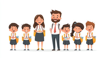 Obraz premium Flat of a cute male and female teacher with smiling schoolchildren in uniforms, on a white background, Teachers and Students, Fun and learning theme